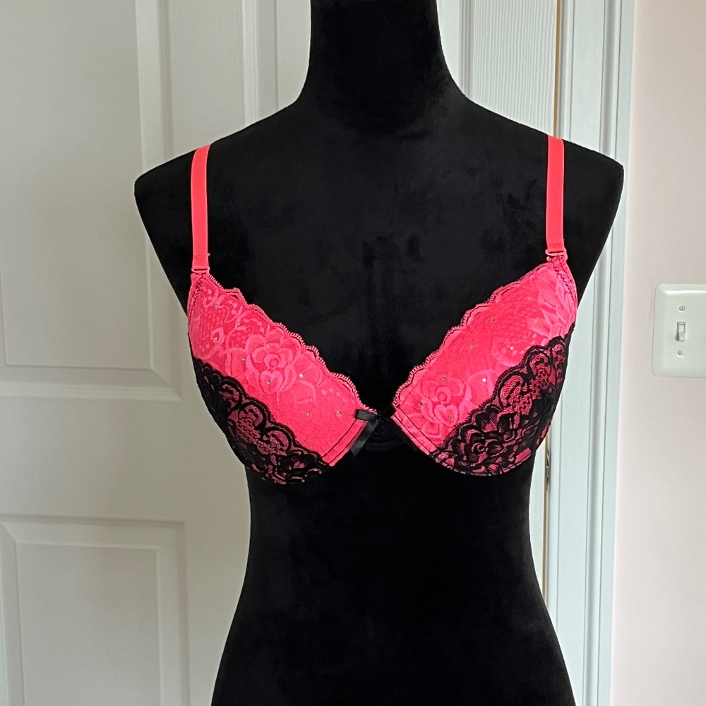 Magenta Hot Pink & Black Studded Lace Bra 38C
